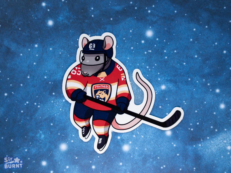 May include: A sticker featuring a cartoon mouse in a hockey uniform. The mouse wears a helmet with the number 63 and a jersey with the Panthers logo. The mouse holds a hockey stick against a blue background with white stars.