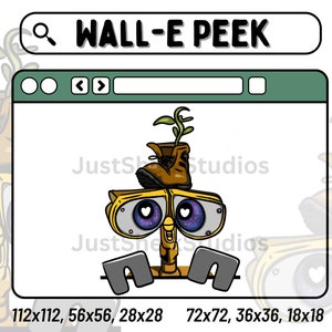 May include: A cartoon illustration of WALL-E, a robot from the movie WALL-E, with a plant growing out of a boot on his head. The image is in a browser window with the text "WALL-E PEEK" in the search bar. The text "JustSkStudios" is at the bottom of the image.