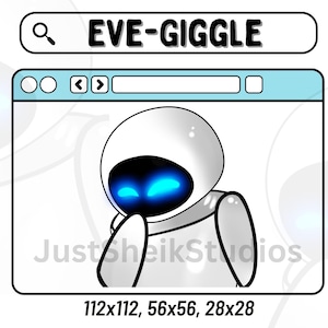 May include: A white robot with blue eyes is shown on a computer screen. The screen has a search bar with the text "EVE-GIGGLE" and a navigation bar with back and forward arrows. The robot is looking down and has its hand on its chin.