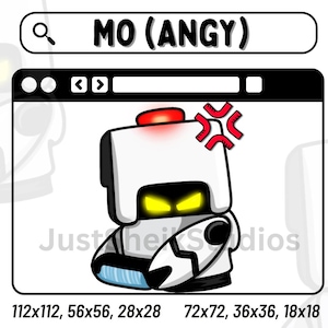 Può includere: Un robot bianco con un pulsante rosso sulla testa è mostrato in una finestra di browser web. Il robot ha occhi gialli e sta facendo una smorfia con un'espressione arrabbiata. Il testo "MO (ANGY)" è visualizzato sopra la finestra del browser. Il testo "112x112, 56x56, 28x28 72x72, 36x36, 18x18" è visualizzato sotto la finestra del browser.