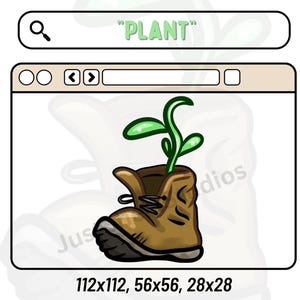 Puede incluir: Ilustración de dibujos animados de una bota marrón con una planta verde que crece, dentro de una ventana de ordenador. La barra de búsqueda muestra "PLANT". La imagen está etiquetada con tres opciones de tamaño: 112x112, 56x56 y 28x28.