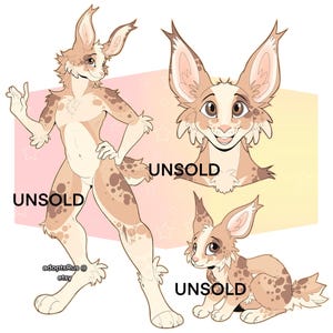 May include: Digital art featuring a furry character with large ears and a spotted pattern. The character is depicted in three poses, with the word "UNSOLD" overlaid on each image. The Etsy shop name "adoptsRus @ etsy" is also visible.