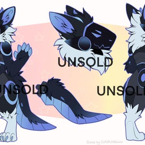 May include: Digital art of a blue and black anthropomorphic character with a robotic design. The character has a white chest and accents, with the word "UNSOLD" in large text. The Etsy shop name "adoptsRus" is in the bottom left.