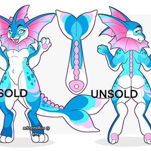 May include: A digital illustration of a blue and white anthropomorphic creature with pink accents. The creature has a fin-like collar, a long tail, and is in a standing pose. The word "UNSOLD" is printed in black. The Etsy shop name is also included.