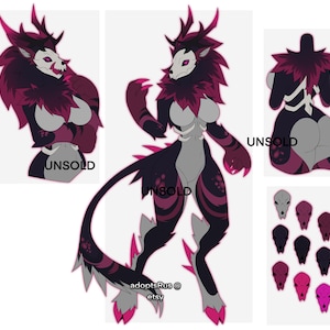 May include: Digital artwork of a creature with a skull-like face, antlers, and a feathery mane. The creature's body is a mix of black, grey, and magenta, with a long tail and clawed feet. The word "UNSOLD" is visible.