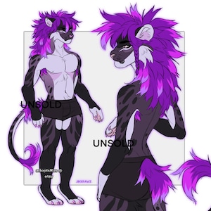 May include: Digital artwork of a humanoid feline character with purple and black fur. The character has a muscular build, wearing black shorts. The artwork is labeled "UNSOLD" and includes the Etsy shop name "adoptsRus" and artist's name "JINXPAWZ".