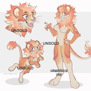 Puede incluir: Ilustración digital de un personaje con apariencia de león en tres poses. El personaje tiene pelaje naranja y crema, ojos azules y una expresión amigable. La palabra "UNSOLD" está impresa en la imagen. También es visible el nombre de la tienda de Etsy "adoptsRus".