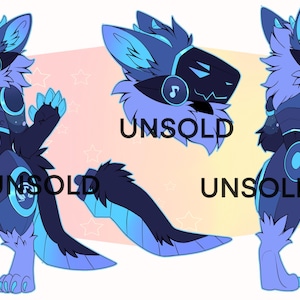 May include: A digital character reference sheet featuring a blue and dark blue anthropomorphic creature with robotic elements, including a visor, headphones with music note symbols, and glowing cyan accents, with the text UNSOLD and adoptsRus @ etsy.