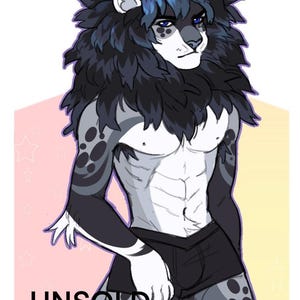 Puede incluir: Ilustración de un personaje antropomórfico con forma de león con melena negra y reflejos azules. El personaje tiene una constitución musculosa, vistiendo pantalones cortos negros. La palabra "UNSOLD" está escrita en letras negras en la parte inferior.