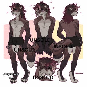 Puede incluir: Arte digital de un personaje furry en varias poses, con un diseño canino con pelaje marrón y blanco, usando pantalones cortos negros. La palabra "UNSOLD" está superpuesta en la imagen. El nombre de la tienda Etsy "adoptsRus" es visible.