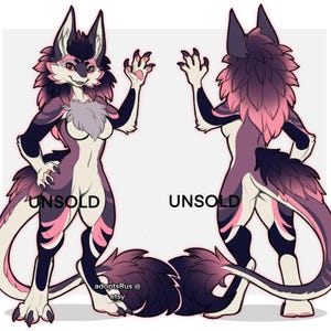 以下が含まれることがあります： 前面と背面のビューで、毛むくじゃらのキャラクターのイラスト。キャラクターは白、ピンク、濃い紫色の配色です。「UNSOLD」という言葉が画像に書かれています。 Etsy ショップ名「adoptsRus @ etsy」も画像に書かれています。