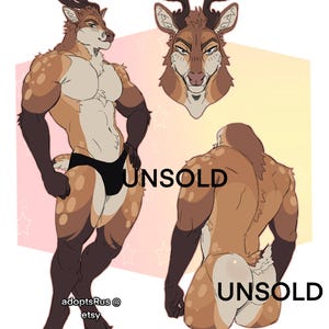 May include: Digital artwork of a muscular anthropomorphic deer character in three poses. The character has brown fur with lighter markings, dark antlers, and is wearing a black brief. The word "UNSOLD" is written in black.