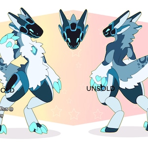 May include: A digital character reference sheet featuring a blue and white anthropomorphic creature with robotic features, including a visor-like head, segmented limbs, and a tail. The design includes front and back views, a headshot, and a color palette.