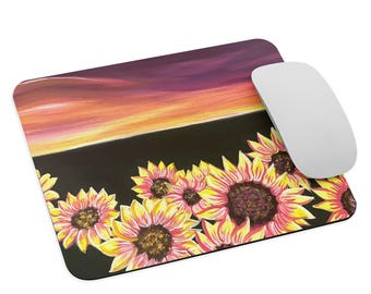 Tappetino per mouse con tramonto sui girasoli, grazioso tappetino per mouse con tramonto viola, rosa e giallo e fiori gialli, idea regalo per gli amanti dei girasoli