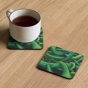 May include: Two square coasters with a green and black abstract design. The coasters are made of a durable material and are perfect for protecting surfaces from spills and heat.