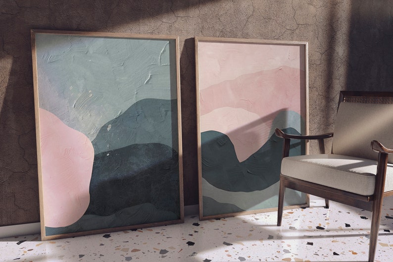 Set of 2 Abstract Wall Art, Blush Pink and Grey Minimalist Digital ...
