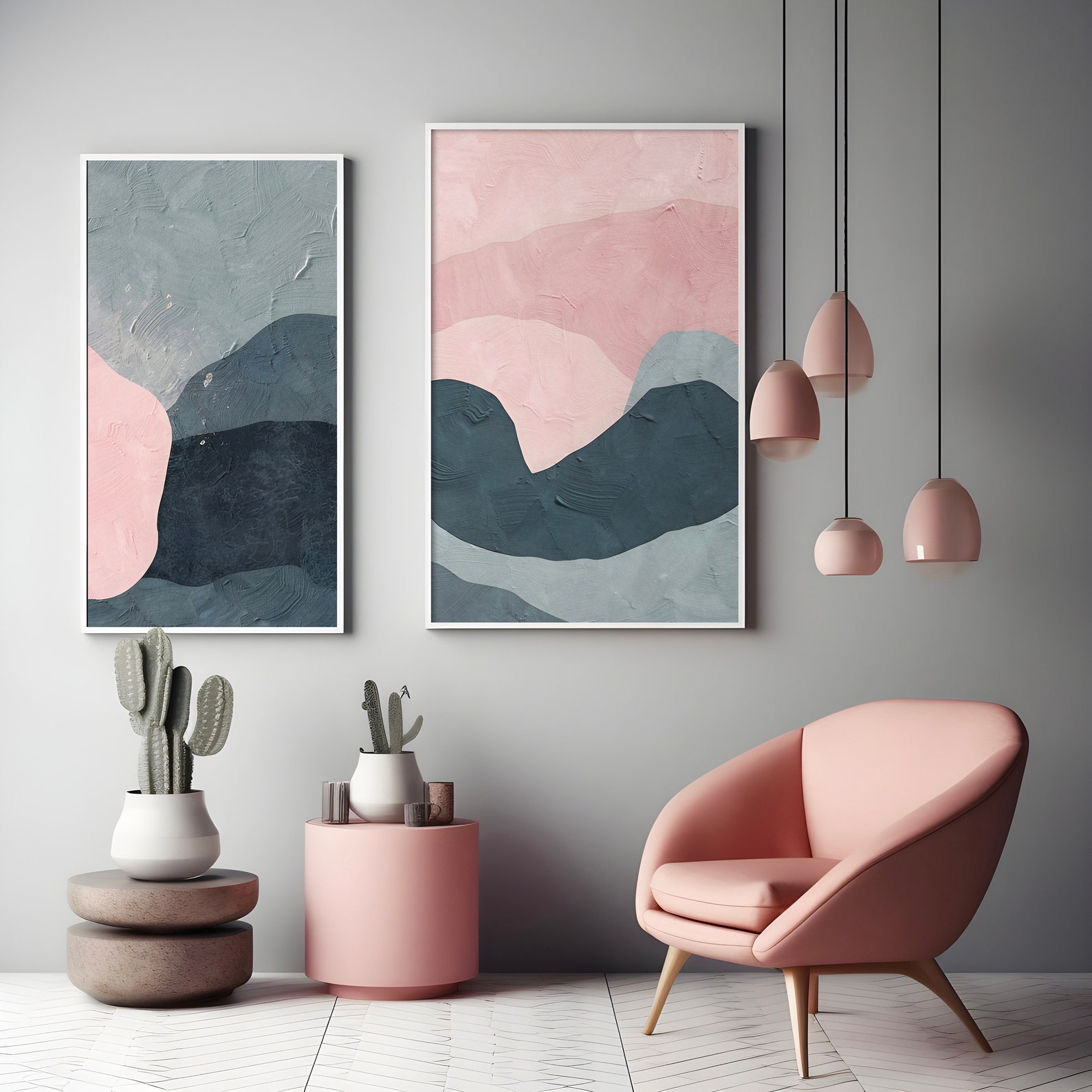 Set of 2 Abstract Wall Art, Blush Pink and Grey Minimalist Digital ...