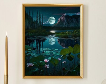 Digitale Canvas Muur Kunst Houten Paneel Donkere Academia Moderne Kunst Rustiek Decor Natuur Schilderij Prints Modern Home Kunstwerk Maan Over Het Meer