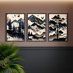 3 Piece Digital Canvas Wall Art Wood Panel Mountain Range Modern Art Rustic Decor Nature Painting Prints Modern Home Artwork Decoration