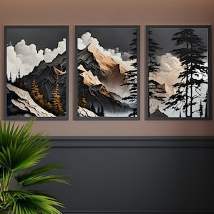 3 Piece Digital Canvas Wall Art Wood Panel Mountain Range Modern Art Rustic Decor Nature Painting Prints Modern Home Artwork Decoration