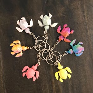 May include: A collection of seven colorful turtle keychains. Each turtle is a different color, including pink, yellow, blue, and green, and is attached to a silver chain and keyring. The keychains are arranged in a circular pattern.