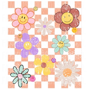 Checkered Flower Smiley Face Design | Png Digital Download Design | Sublimation Design | Retro | Groovy | Vintage