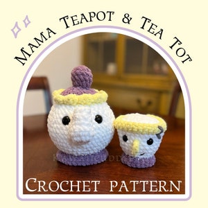 May include: Crochet pattern for a white teapot and teacup with yellow and purple accents. The teapot has a purple lid and a yellow rim. The teacup has a yellow rim and a black nose. The pattern is called "Mama Teapot & Tea Tot".