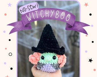 May include: No-sew! Witchyboo crochet pattern for a witch doll with a black hat, pink and green yarn, and a purple and gray body.