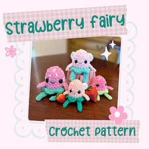 May include: Crochet pattern for a strawberry fairy amigurumi. The pattern includes four different sized fairies, each with a pink and white body, green legs, and a smiling face.