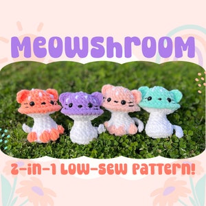 May include: Four crocheted mushroom cat plushies in different colours: orange, purple, pink, and green. The plushies are sitting on a bed of green grass. The text "MEOWSHROOM 2-in-1 LOW-SEW PATTERN!" is at the bottom of the image.