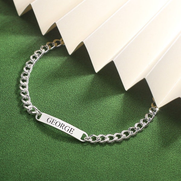 Custom Name Bar Bracelet, Personalized Men's Bracelet, Engraved Name Chain Bracelet, Engraved Bracelet for Women, Personalized Gifts For Him