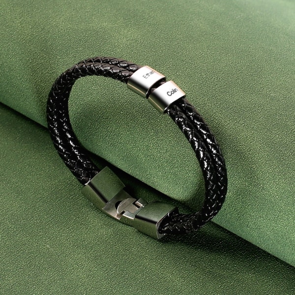 Bracelet en cuir avec nom perlé personnalisé, bracelet en cuir tressé noir, bracelet homme personnalisé, bracelet papa avec noms d'enfants, cadeau mari