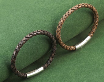 Engraved Bracelet Men, Men's Personalized Leather Bracelet with Silver Clasp,Woven & Braided Leather Bracelet,Custom Hidden Message Bracelet