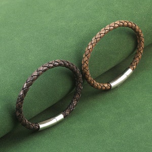Engraved Bracelet Men, Men's Personalized Leather Bracelet with Silver Clasp,Woven & Braided Leather Bracelet,Custom Hidden Message Bracelet