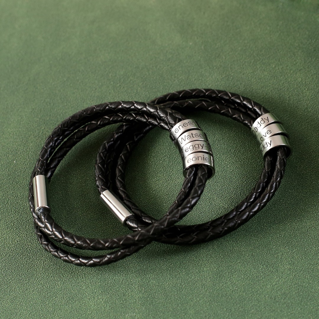 Personalized Black Braided Leather Bracelet, Engraved Family Name Beads