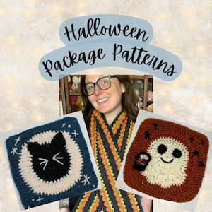 Könnte beinhalten: Ein Häkel-Schal mit orangefarbenen, grünen und schwarzen Streifen und Quasten. Der Schal wird mit zwei Häkel-Quadraten kombiniert, eines mit einem schwarzen Katzen-Design und das andere mit einem weißen Geister-Design. Der Text "Halloween Package Patterns" ist in einem blauen Kreis geschrieben.