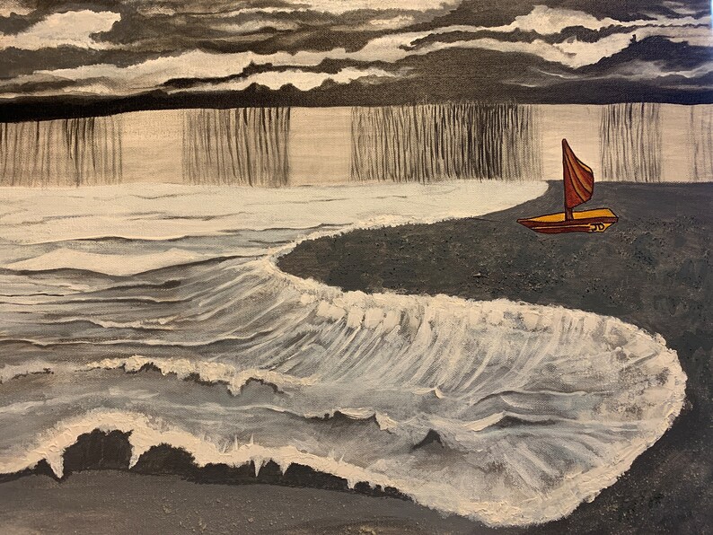 May include: A painting of a sailboat on a beach with a stormy sky and waves crashing on the shore.