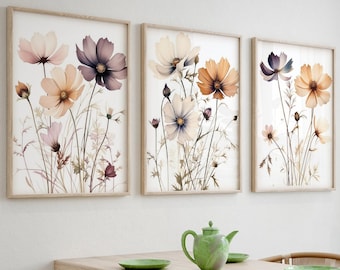 Cosmos Flower Wall Art Set of 3, Watercolor Botanical Prints, Neutral Wildflower Decor, Farmhouse Bedroom Art, Digital Download