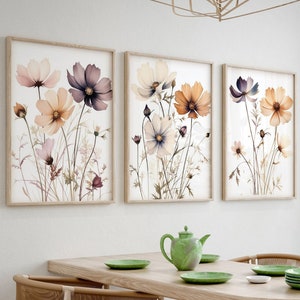 Cosmos Flower Wall Art Set of 3, Watercolor Botanical Prints, Neutral Wildflower Decor, Farmhouse Bedroom Art, Digital Download