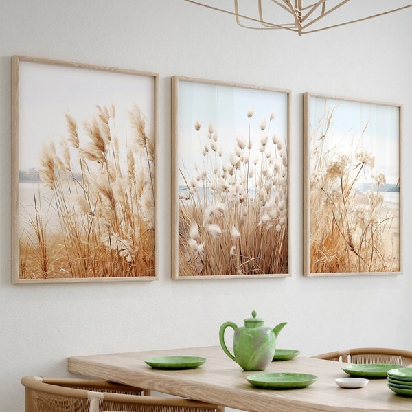 Pampas Grass Wall Art, Set of 3, Earth Tones Painting, Summer Fall Landscape Posters, Seascape Background, Neutral Botanical Wall Prints