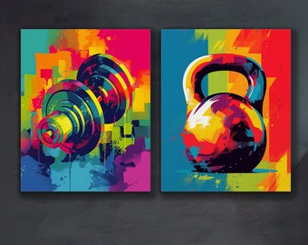 May include: Two colorful abstract paintings of gym equipment. The first painting features a dumbbell with a blue, green, yellow, and red background. The second painting features a kettlebell with a red, yellow, green, and blue background.