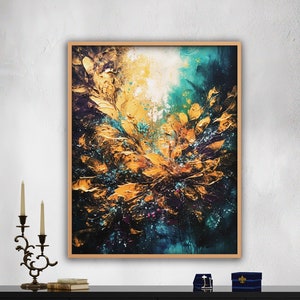 Arte de parede abstrata azul-petróleo escuro dourado para sala de estar Jewel Tone Burst Download digital moderno impressão texturizada Galaxy Art Moody Home Decor