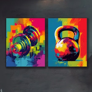 Gym Artwork 2er Set Kurzhantel & Kettlebell Bunt Fitness Motivation Home Gym Wand Kunst Fitness Poster Powerheben Geschenk Sofort Download