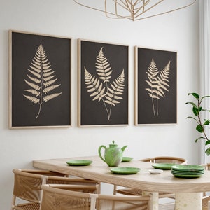 Fern Wall Art Set of 3, Tan Gray Botanical Prints, Black and White Fern Leaf Art, Neutral Boho Decor, Digital Download