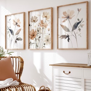Wildflower Wall Art Set of 3, Neutral Botanical Prints, Watercolor Flower Art, Farmhouse Bedroom Decor, Digital Download