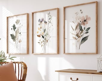 Wildflower Wall Art Set of 3, Neutral Botanical Prints, Sage Pink Watercolor Decor, Minimalist Floral Art, Digital Download