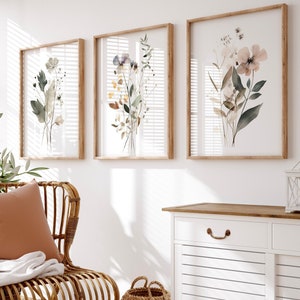Wildflower Wall Art Set of 3, Neutral Botanical Prints, Sage Pink Watercolor Decor, Minimalist Floral Art, Digital Download