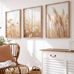 Coastal Pampas Grass Wall Art, Set of 3 Prints, Framed Dried Grass, Beach House Decor, Boho Nursery, Botanical Neutral Living Room