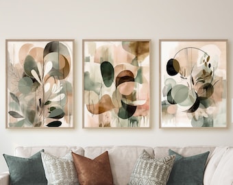 Botanische muurkunst set van 3, saliegroen roze prints, abstract bohodecor, moderne bladkunst, digitale download
