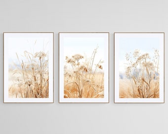 Prairie Grass Wall Art Set of 3, Neutral Botanical Prints, Dried Flower Decor, Beige Boho Bedroom Art, Digital Download